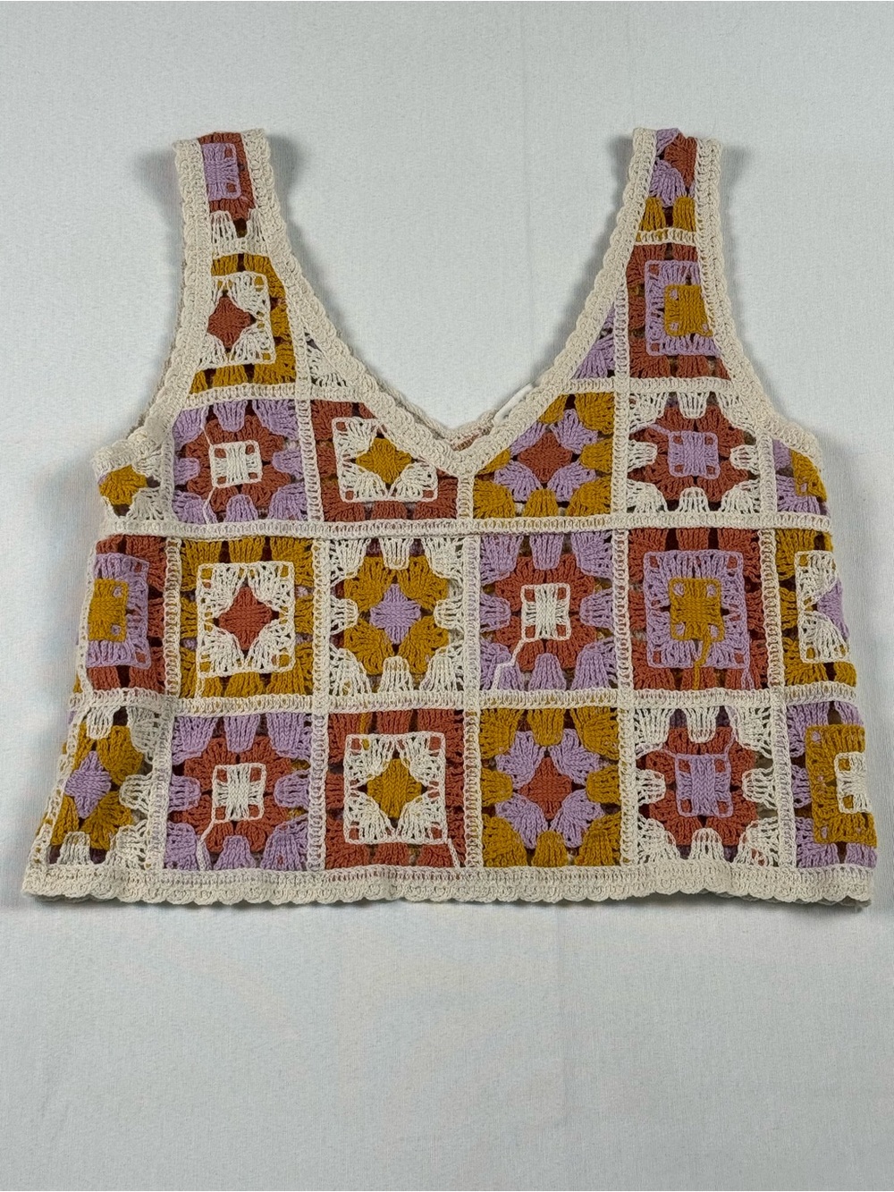Rebellion Crochet Patchwork V-Neck Tank Top - Cream, Lavender & Mustard